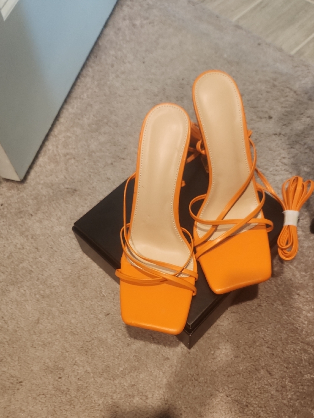Orange Strappy Square-Toe Women’s Heels